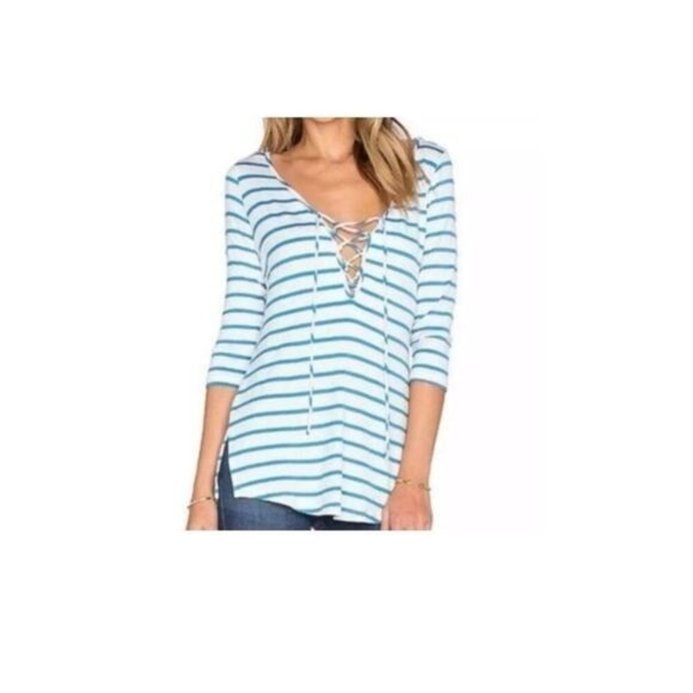 Amour Vert Blue & White Strip Lace-up Top, Small Nautical, Coastalcore